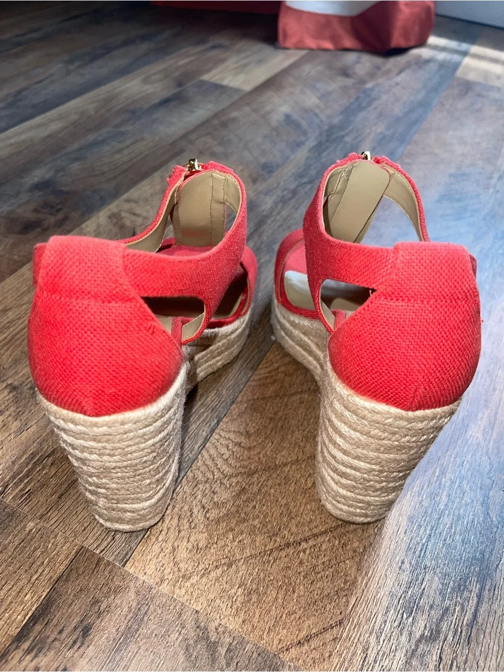 Michael Kors Coral-Red Espadrille Wedge Sandals with Front Zipper
